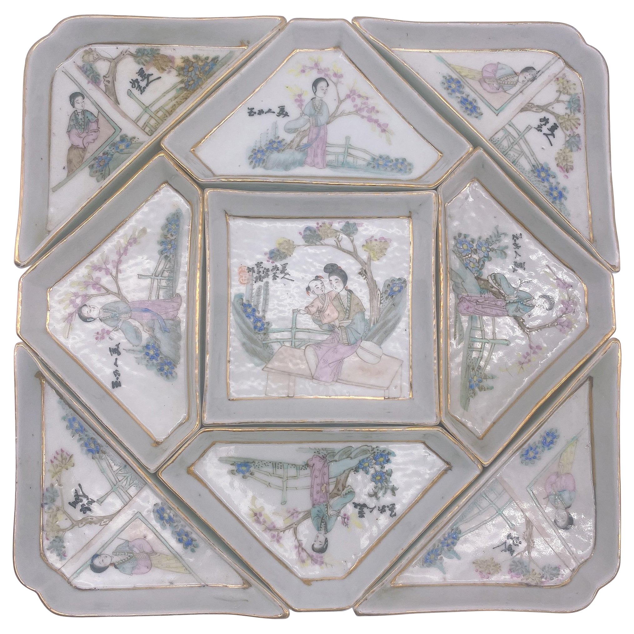 Ensemble de 9 plats chinois anciens en porcelaine Famille Rose 9 PC