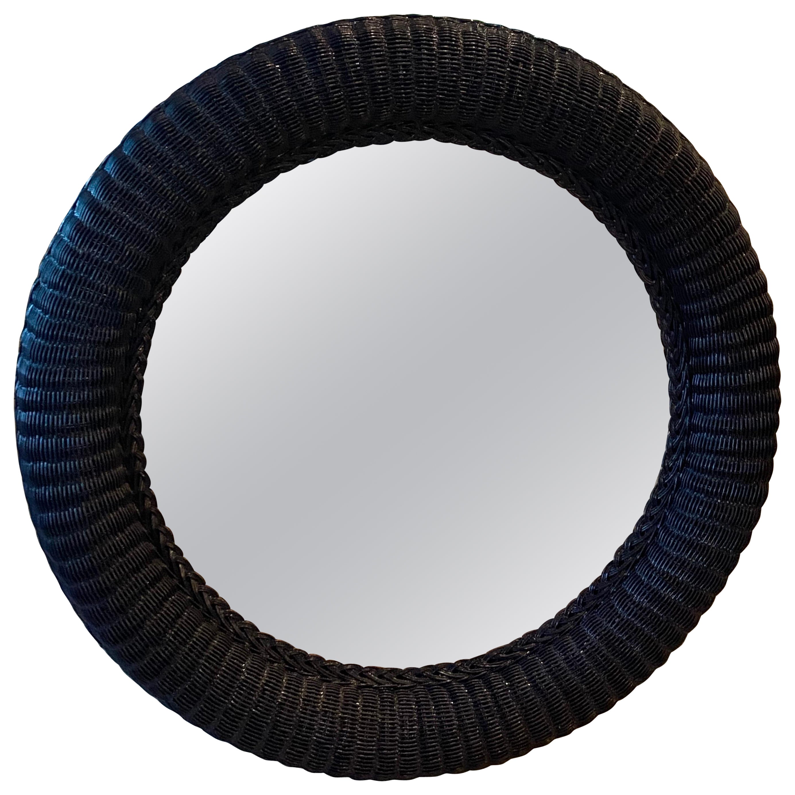 Vintage Braided Wicker Navy Blue Lacquered Round Wall Mirror