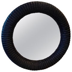 Vintage Braided Wicker Navy Blue Lacquered Round Wall Mirror