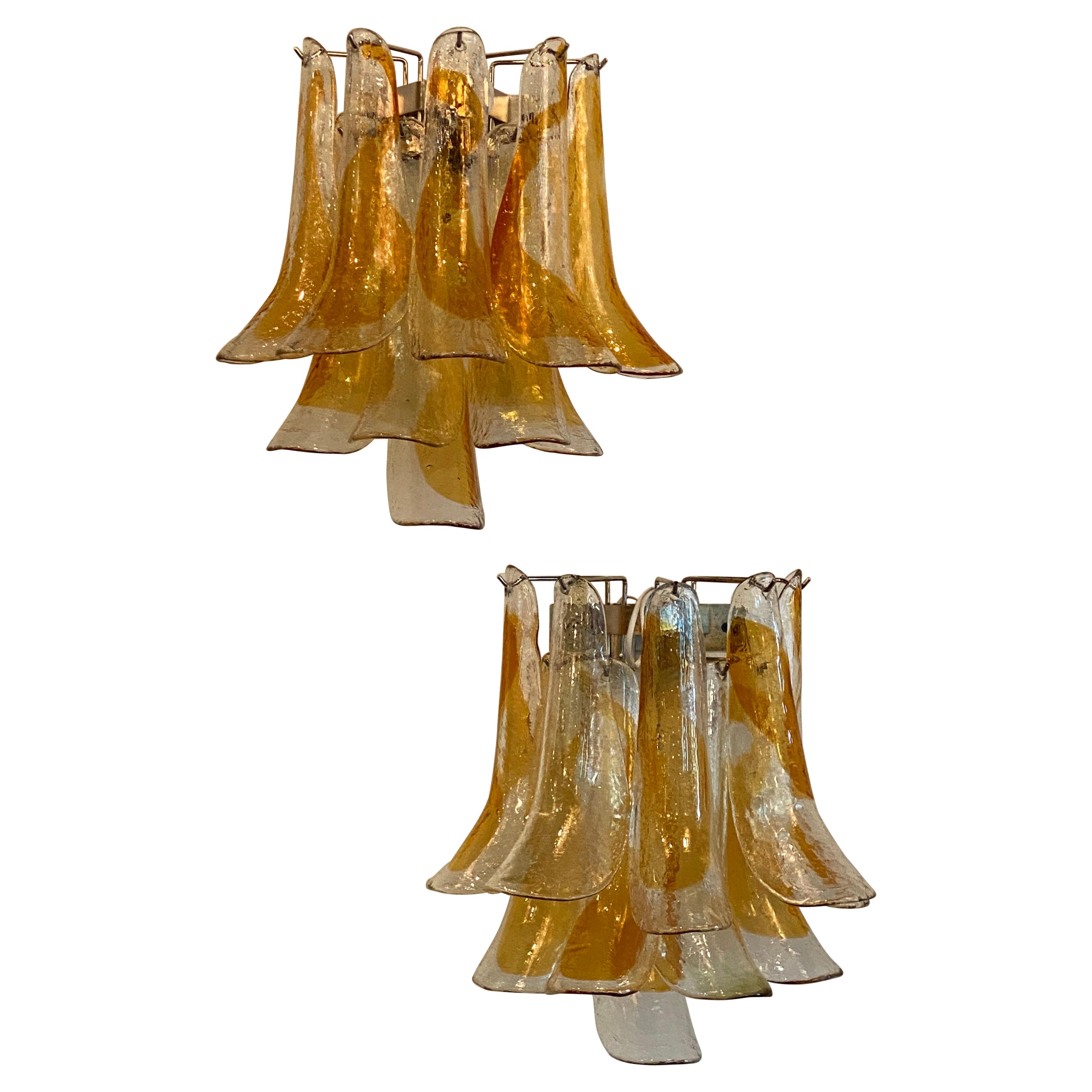 Vintage Pair of Mazzega Murano Glass Amber Feather Shoehorn Wall Lights Sconces  For Sale