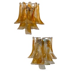 Vintage Pair of Mazzega Murano Glass Amber Feather Shoehorn Wall Lights Sconces 