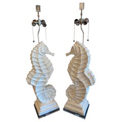 Vintage Pair of Palm Beach Plaster Seahorse Large Table Lamps Lacquered Restored
