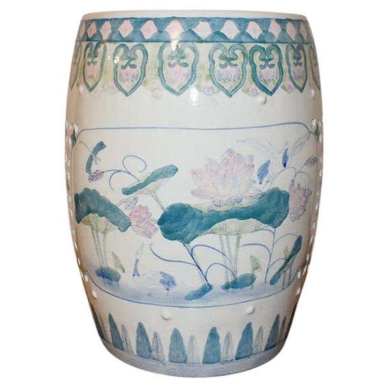 Antique Chinoiserie Ceramic Garden Stool with Pink Blue and Green Lotus Motif 