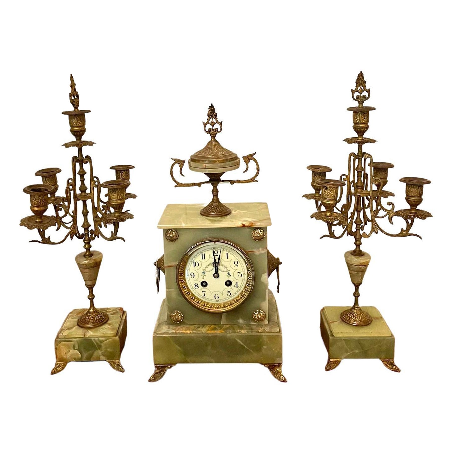Garniture d'horloge ornée d'onyx vert de qualité victorienne ancienne