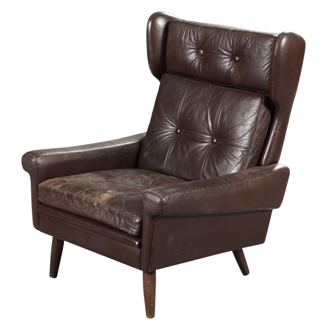 Svend Skipper Highback Lounge Chair in Patinated Brown Leather For Sale