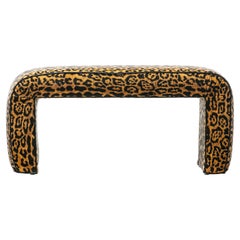 Vintage Karl Springer Style Large Waterfall Bench in Leopard Velvet & Black Leather