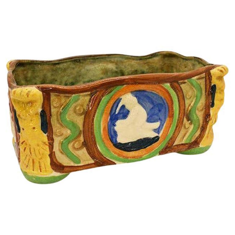 Colorful Polychrome Rectangular Japanese Hand Painted Majolica Ceramic Planter For Sale