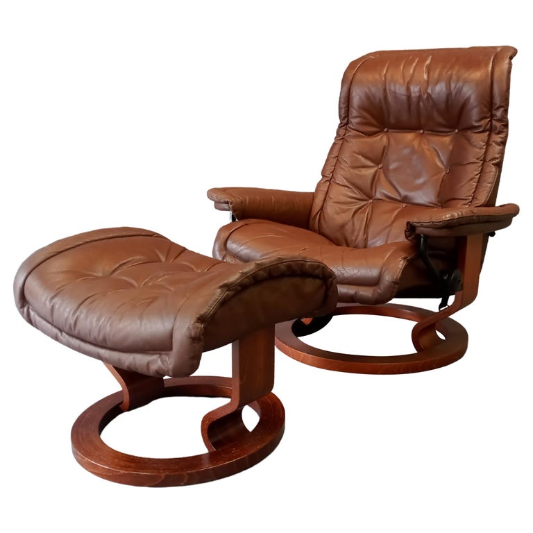 Mid Century Inspired Ekornes Stressless, Reclining Leather Swivel Chair With Ottoman