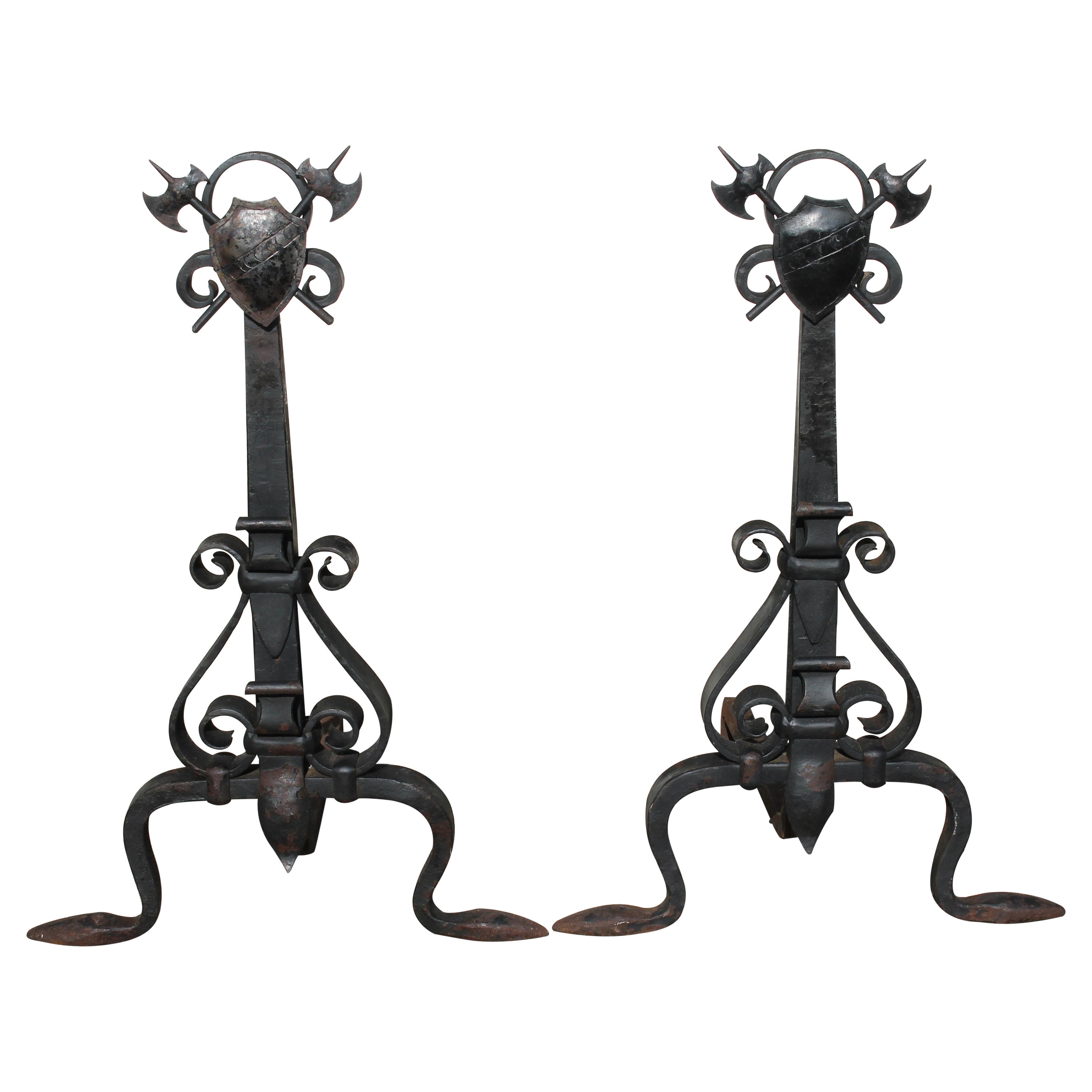 Monumental Pair of Forged Iron Spanish Revival Andirons For Sale