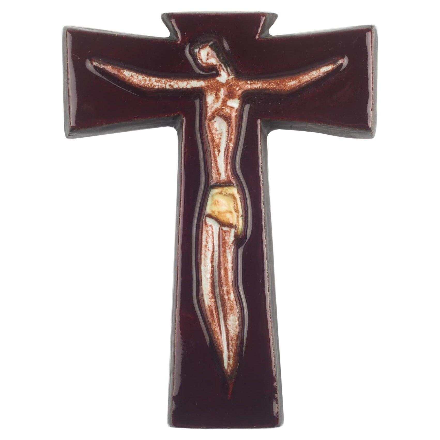  European Ceramic Crucifix, Brown, White, 1970s