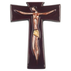  European Ceramic Crucifix, Brown, White, 1970s