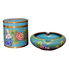 Chinesisches Cloisonné-Emaille-Zigarettenetui und Aschenbecher, blau, 19.