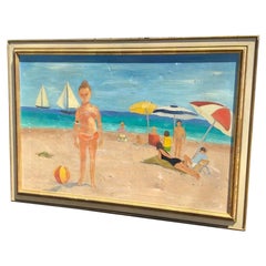 Vintage Seaside Painting Mid Century Beach Scene Painting Long Island Ocean Bathers
