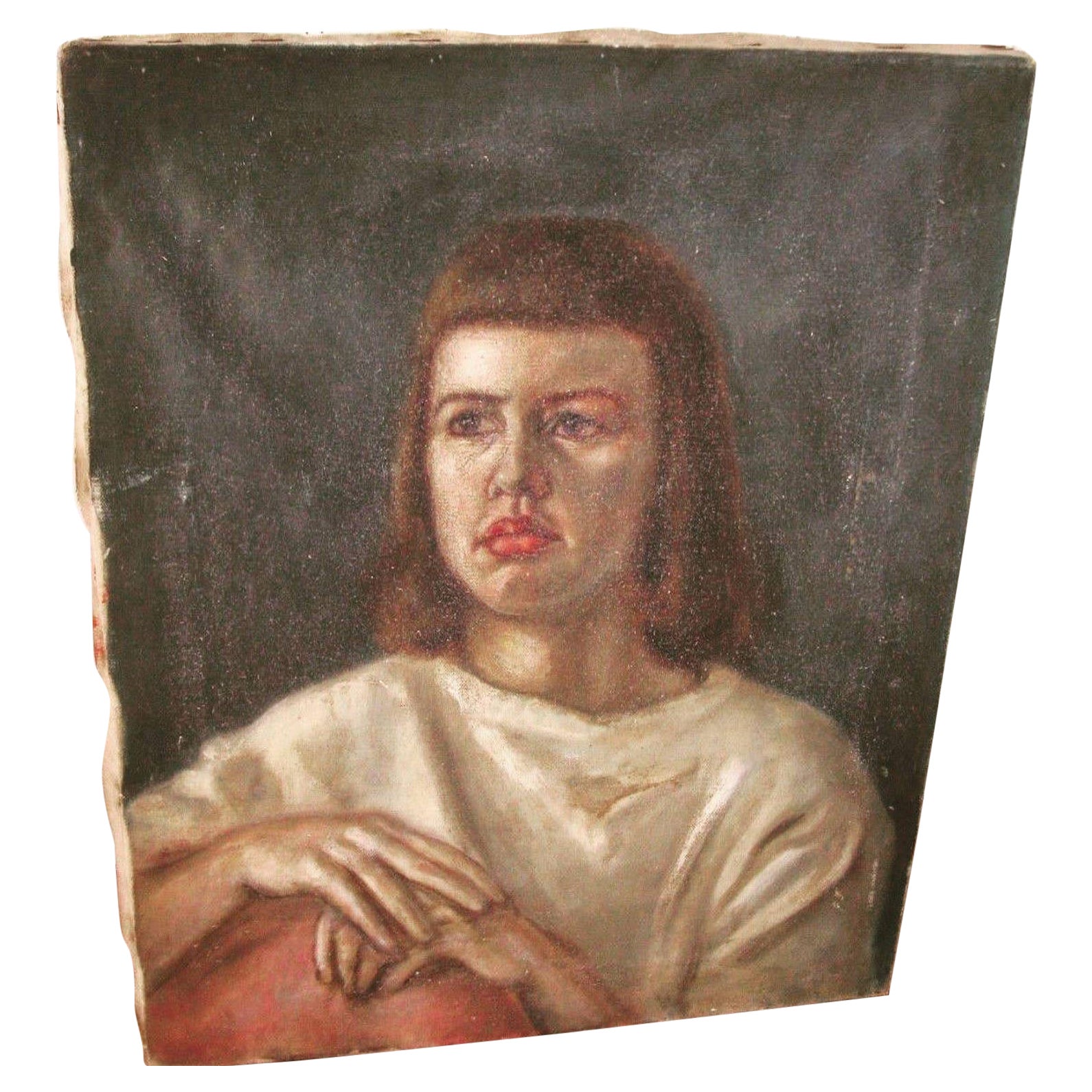 Mid-Century Modernistisches Porträt weibliches Ölgemälde auf Leinwand