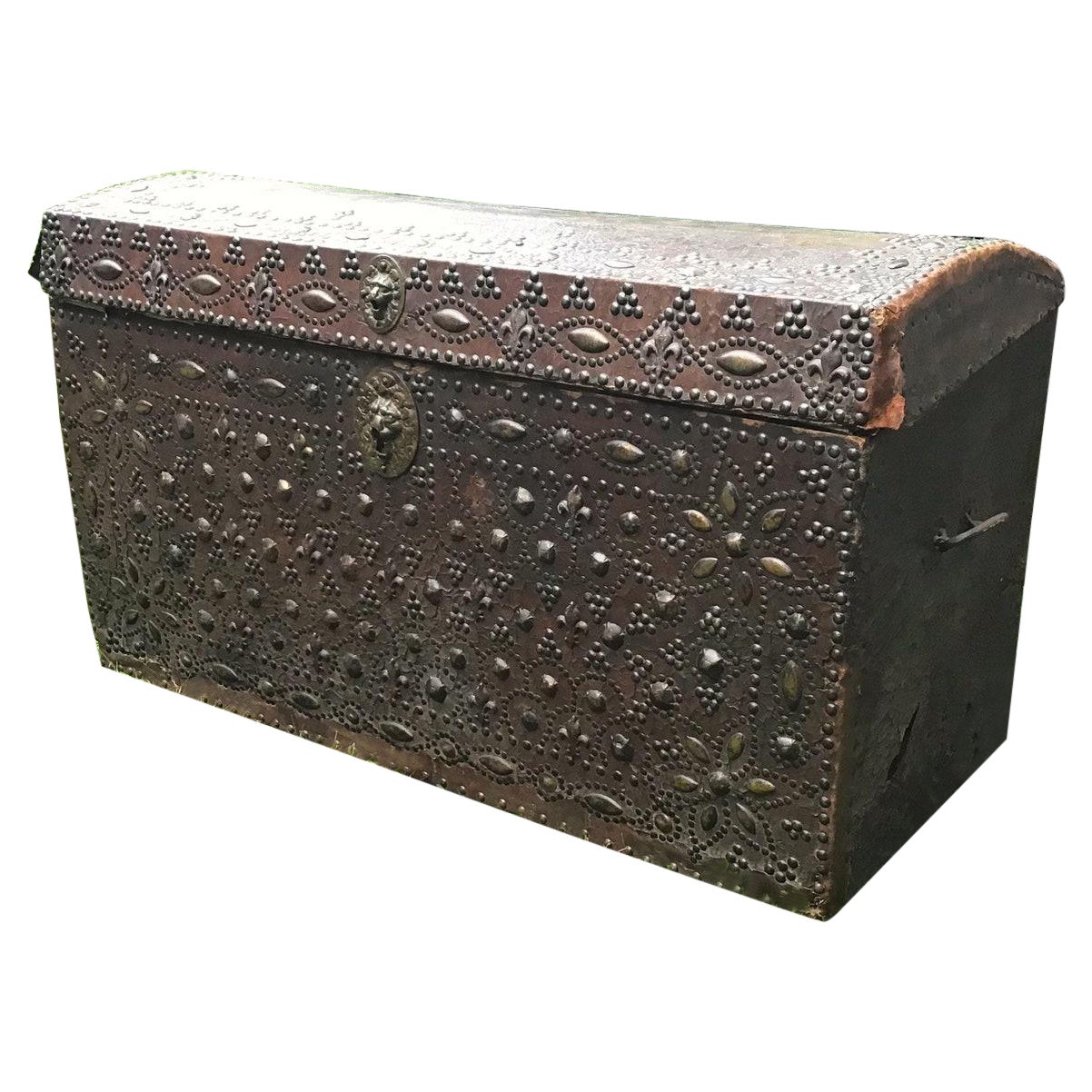 French Traveling Trunk Domed Leather Brass Ornate Studded Fleur De Lys For Sale