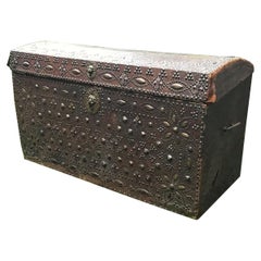 French Traveling Trunk Domed Leather Brass Ornate Studded Fleur De Lys