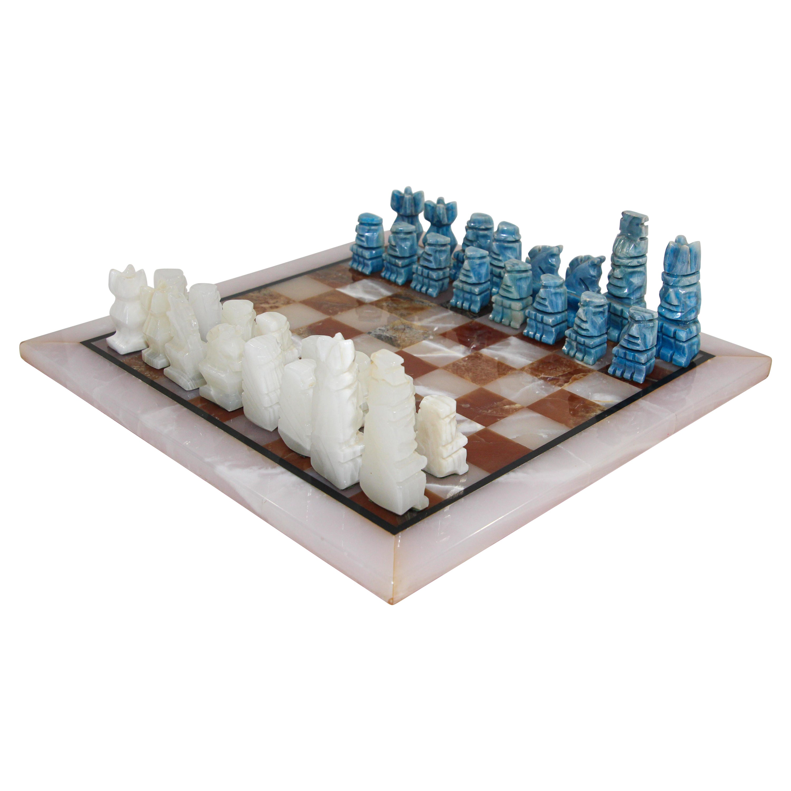 Vintage Marble Chess Board with Hand Carved Turquoise Onyx Pieces