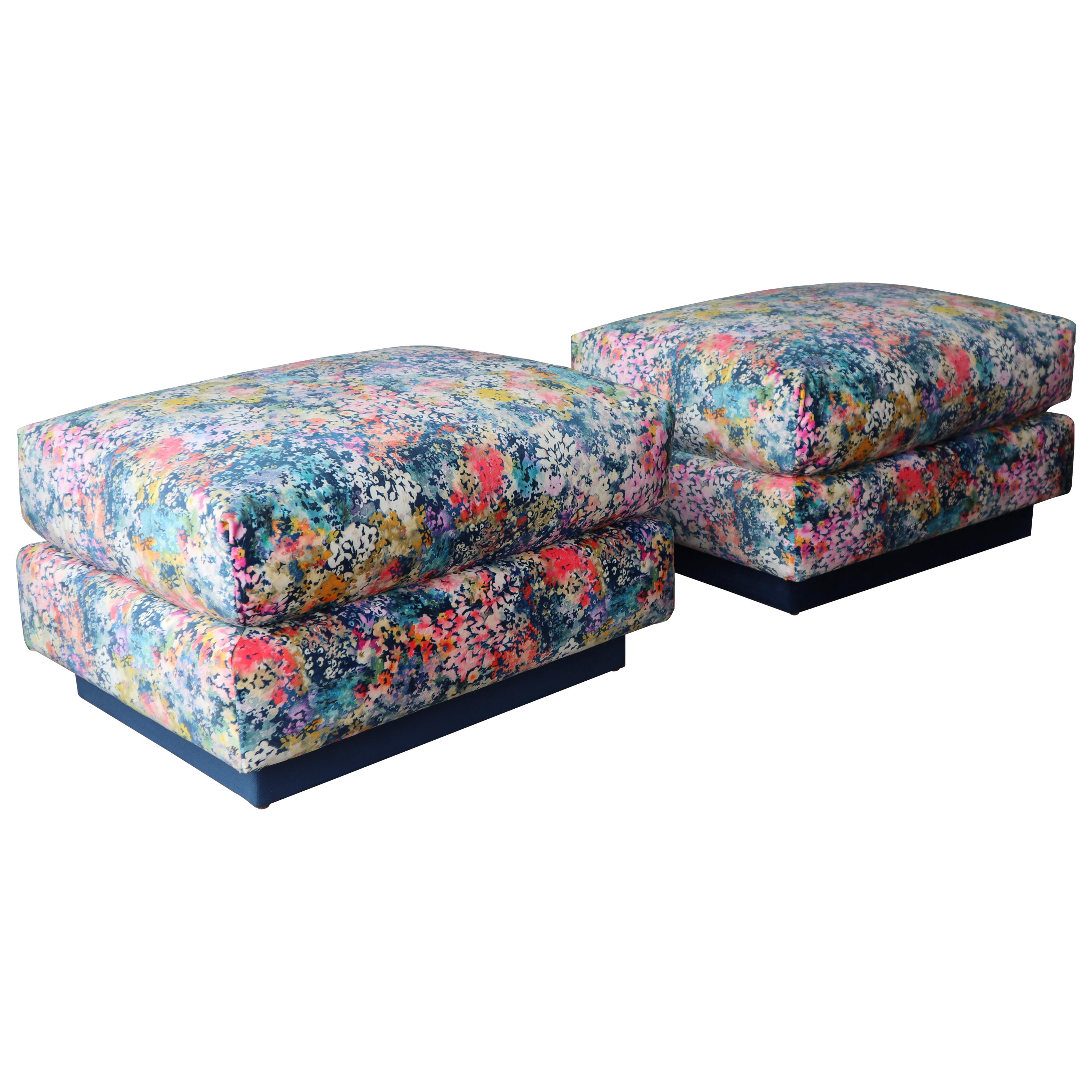 Pair of Navy Blue Silk Velvet Ottomans at 1stDibs