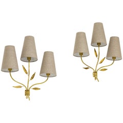 Large 1940s Swedish Modern Wall Lamps in Brass and Linen