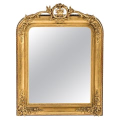 Antique 19th-Century French Gold Leaf Gilt Mirror with an Ornate Crest