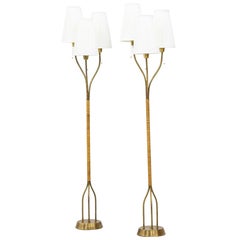 Swedish Modern Floor Lamps in Brass and Rattan in the Manner of Hans Bergström