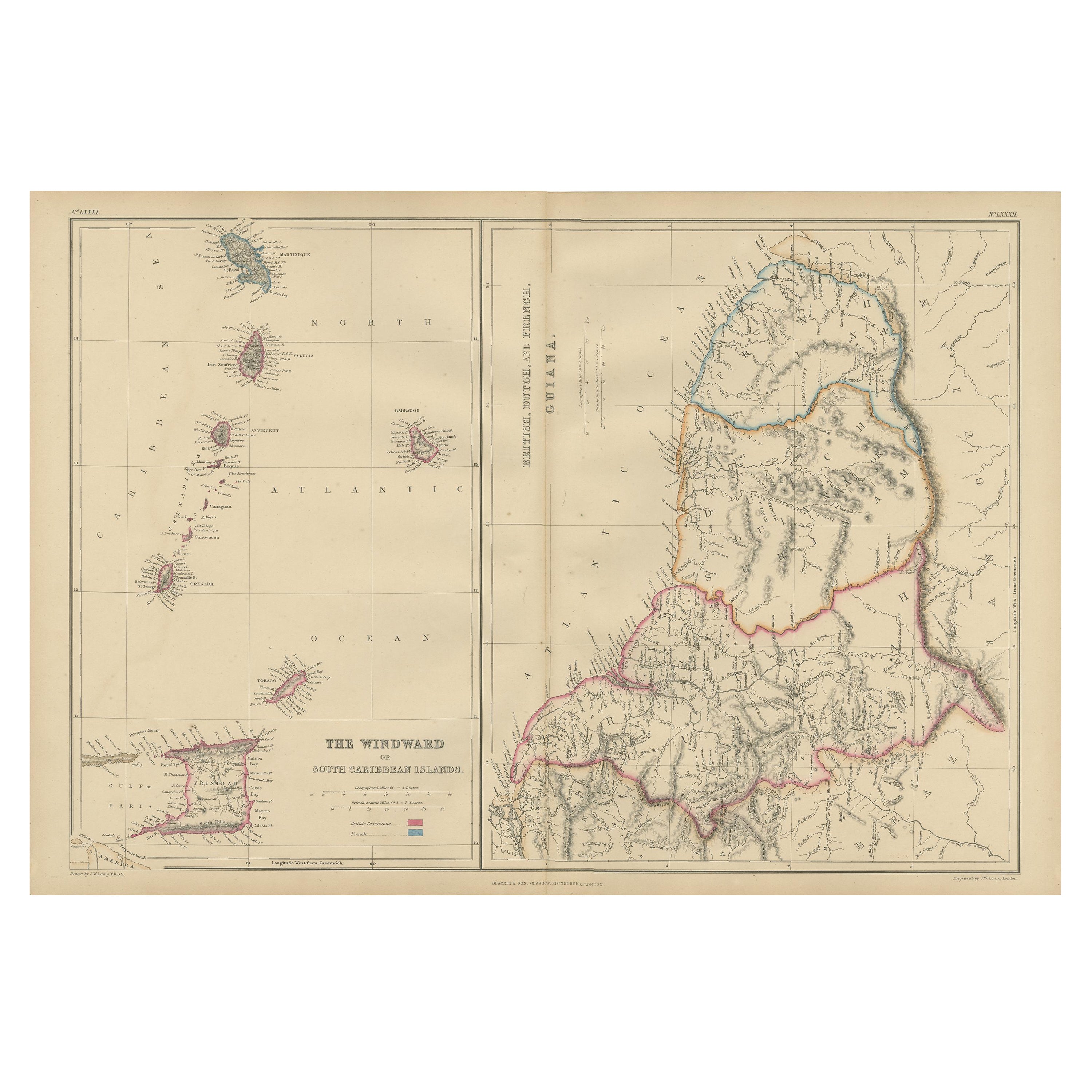 Antike Karte der Windward- oder Südküsteninseln und Guiana, 1859