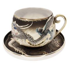 Antique Japonisme Moriage Dragon Ware Cup and Saucer Set with Lithophane Geisha