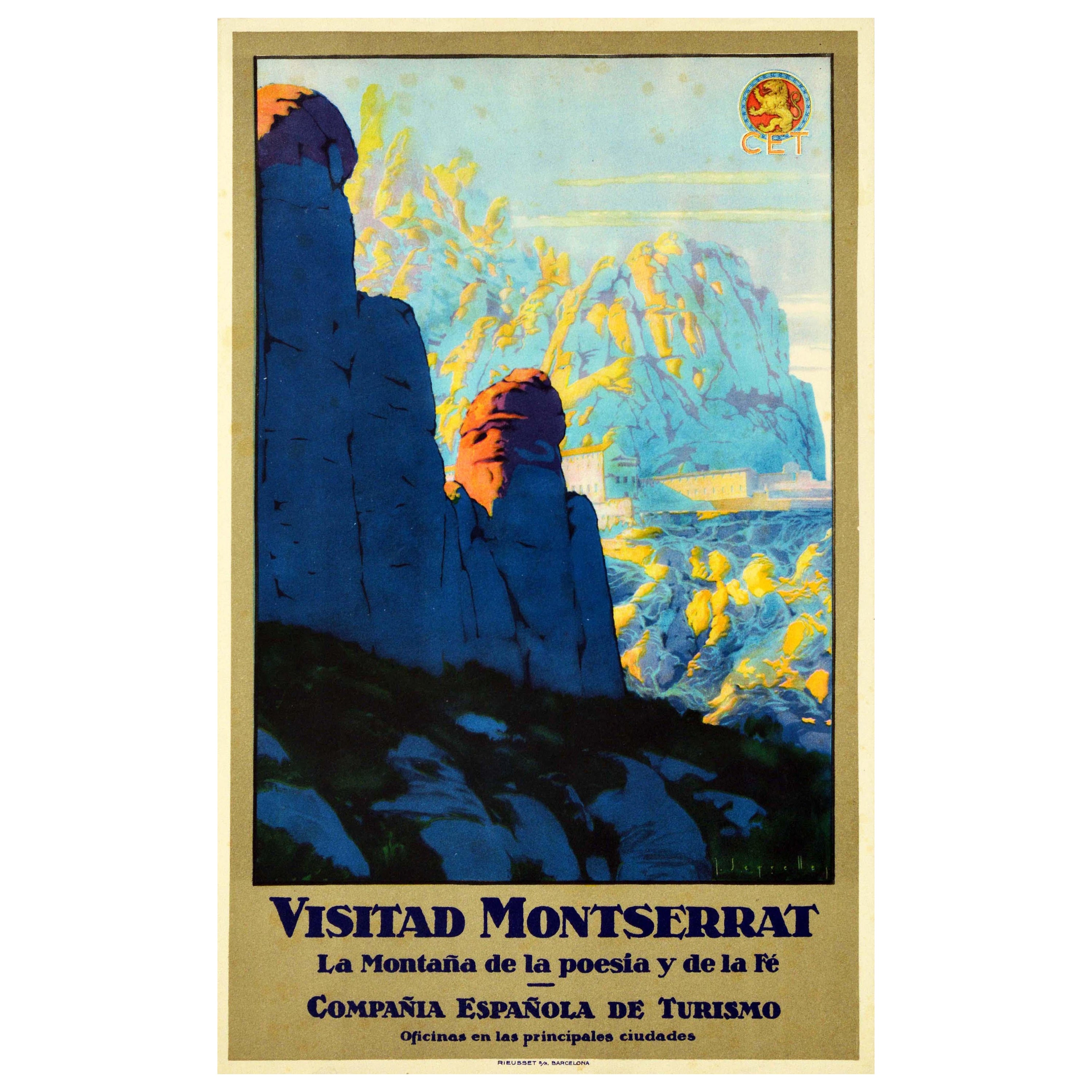 Original Vintage Travel Poster Visitad Montserrat Mountain Abbey Poetry & Faith