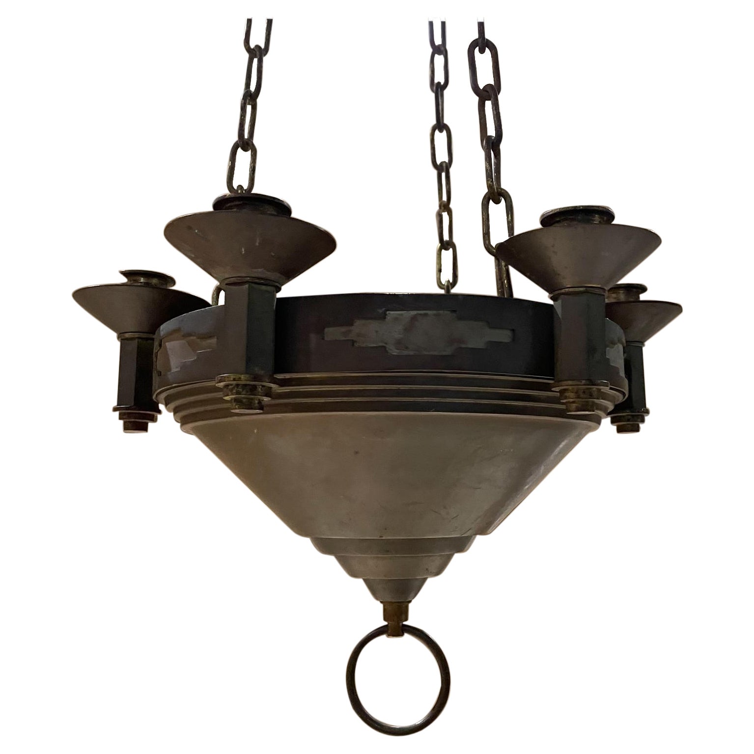 Striking Art Deco six candle holder modern hanging chandelier pendant
Unsigned
33 x 12 diameter inches
Preowned original unrestored vintage condition.
Refer to images.


 