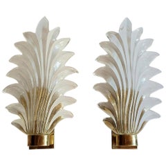 Mid Century Murano Glass and Brass Palm Sconces Mazzega style - a pair