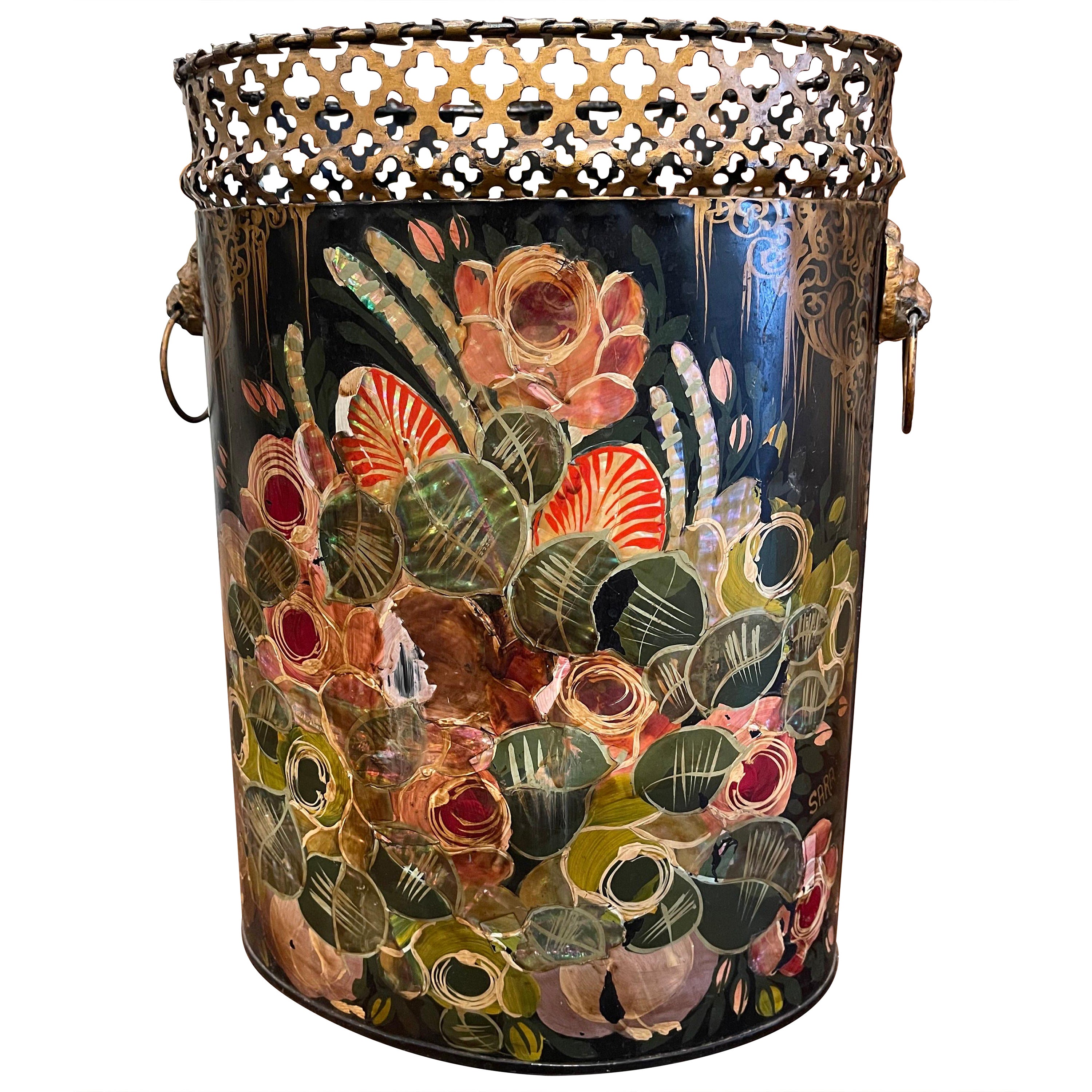 Mid-Century French Hand Painted and Gilt Tole Basket with Floral Decor