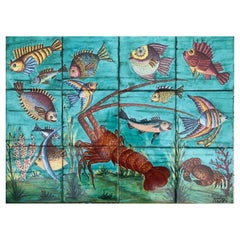 Mid Century Italian Majolica Wall Panel Fishs, Crab & Spiny Lobster Marrazi