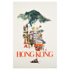 Original Retro Travel Poster For Hong Kong Victoria Peak Sampan Boat Asia Art