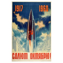 Affiche rétro originale soviétique de la Révolution de octobre, URSS, fusées spatiales, feux d'artifice