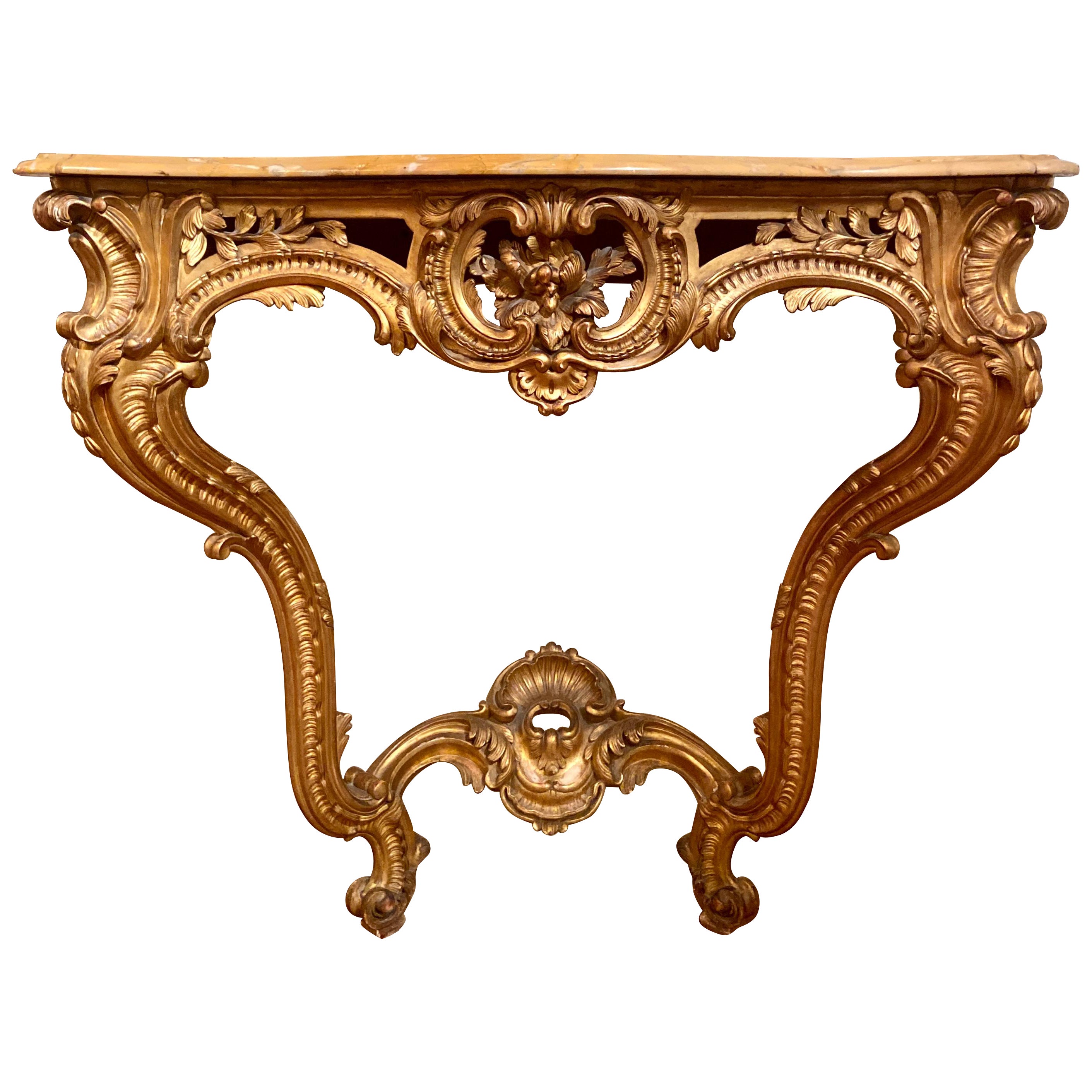 Antique French Louis XV Gold Leaf & Carved Wood Marble-Top Console Table Ca 1860 For Sale
