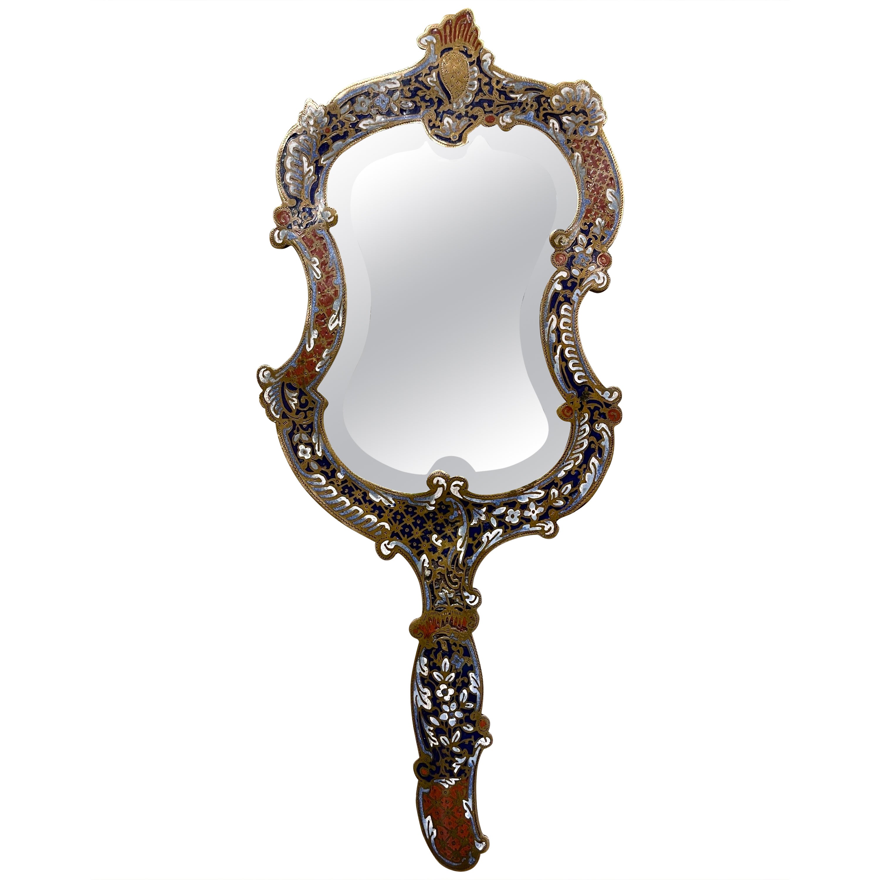 19th Century French Brass and Champleve Hand Vanity Mirror with Beveled Glass