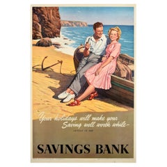 Affiche vintage d'origine Invest In The Savings Bank, vacances, bateau de plage en bord de mer