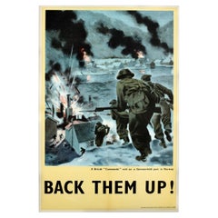 Original Vintage-WWII-Poster, „Back Them Up“, Britischer Commando auf einem Norwegener Hafen, Original