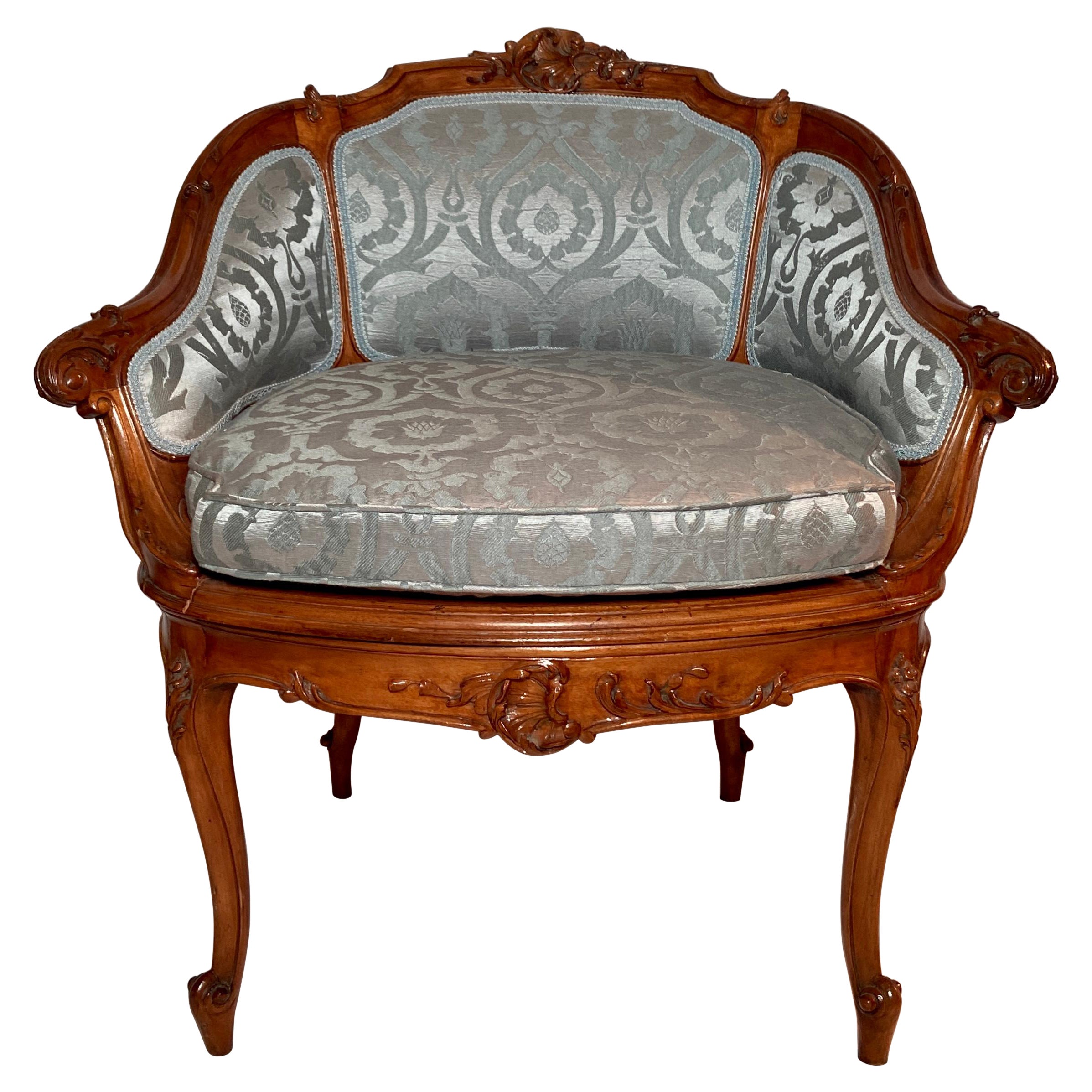 Antique French Carved Fruitwood Coiffeuse Vanity Chair, Blue Upholstery, Ca 1880