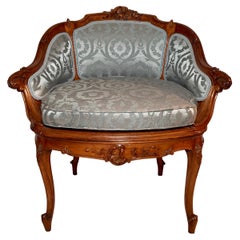 Antique French Carved Fruitwood Coiffeuse Vanity Chair, Blue Upholstery, Ca 1880