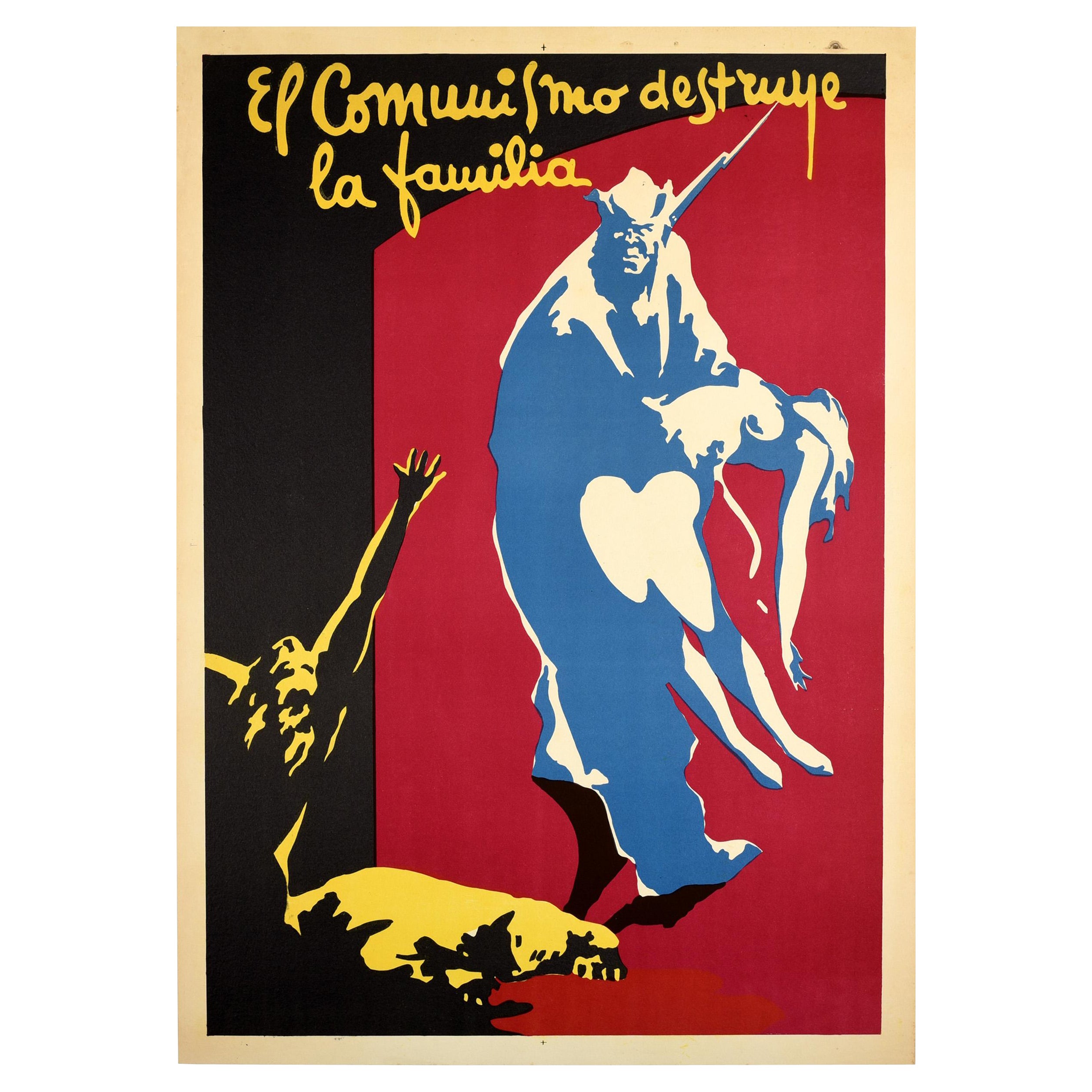 Affiche de propagande vintage d'origine du communisme détruisant la famille, guerre civile espagnole