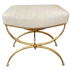 Mid Century Gilt Steel Bench with Linen Upholstery