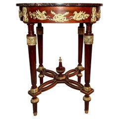 Antique French Louis XVI Ormolu-Mounted Marble-Top Round Mahogany Table Ca. 1880