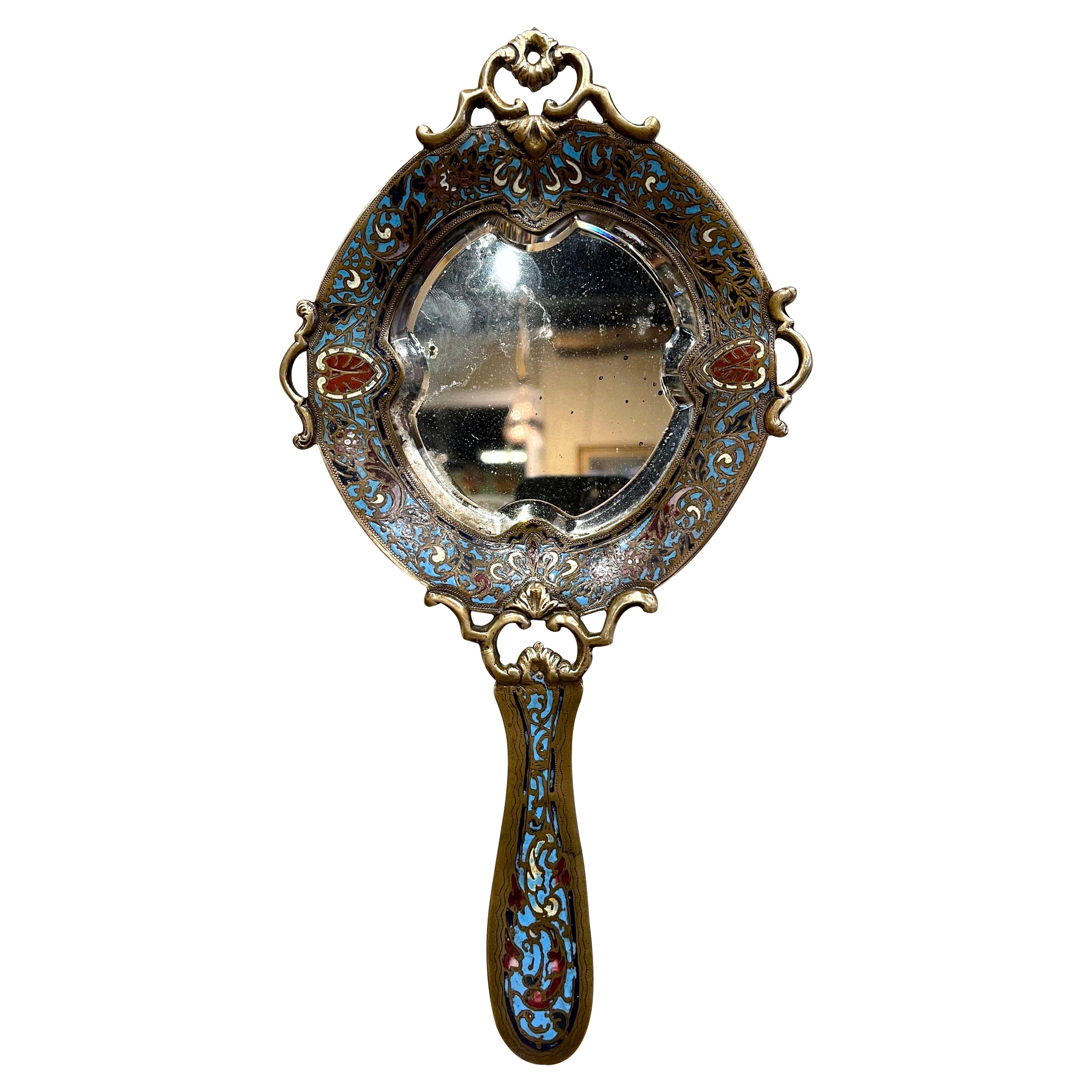 19th Century French Brass and Champleve Hand Vanity Mirror with Beveled Glass