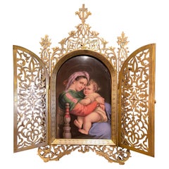 19th Century French Bronze and Hand Painted Porcelain "Madonna & Child" Triptych