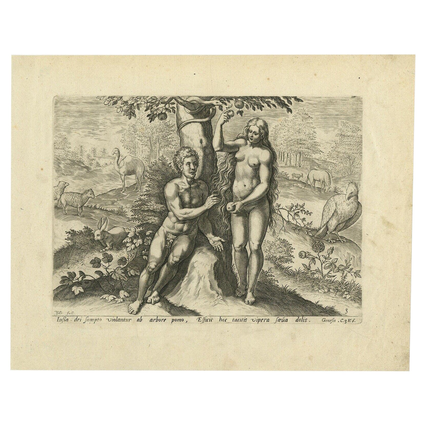 Impression ancienne d'Adam et Ève mangeant la pomme de l'arbre '1674'