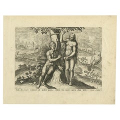 Antique Print of Adam and Eve Eating the Apple from the Tree '1674'