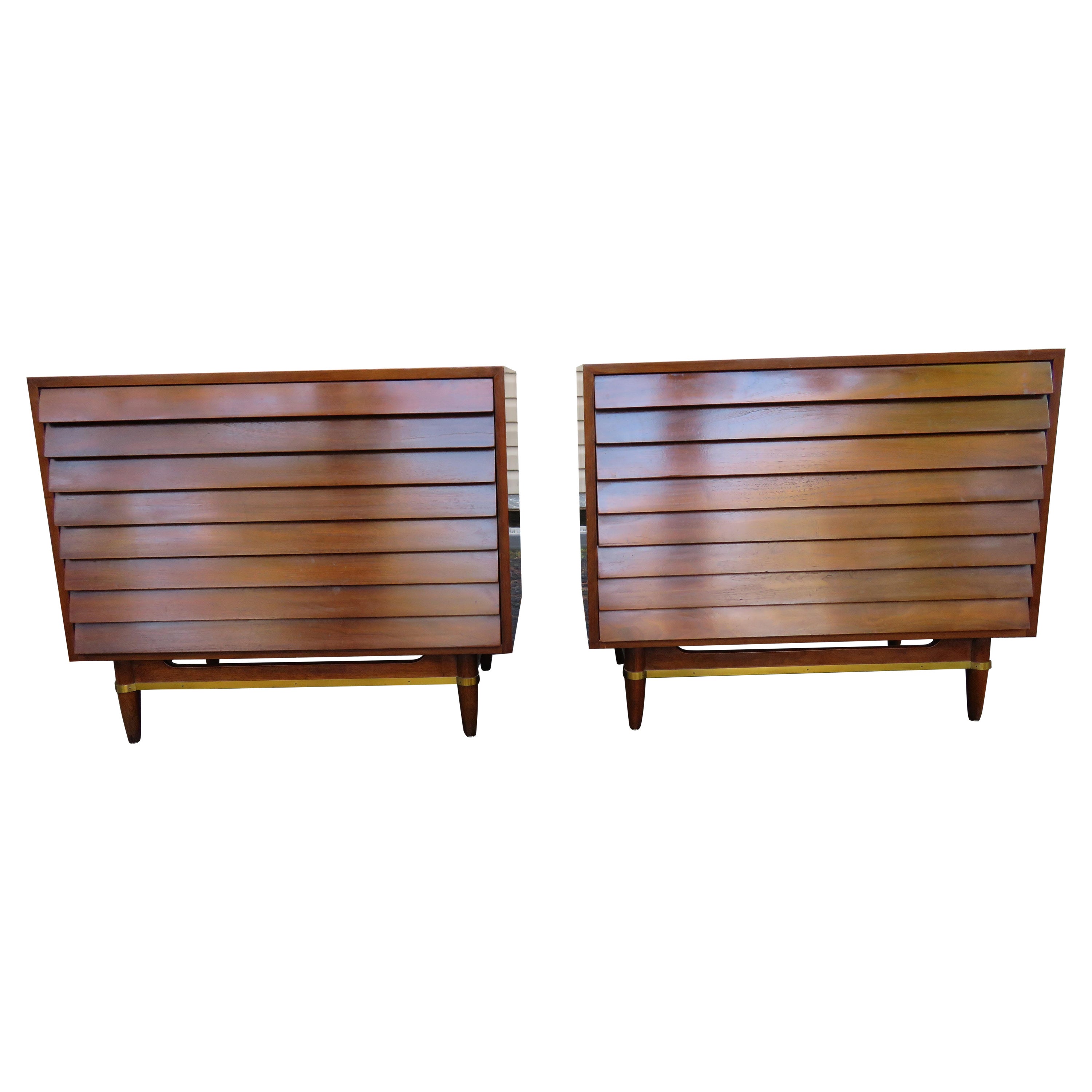Handsome Pair of American of Martinsville Walnut Brass Louvered Bachelors Chests For Sale