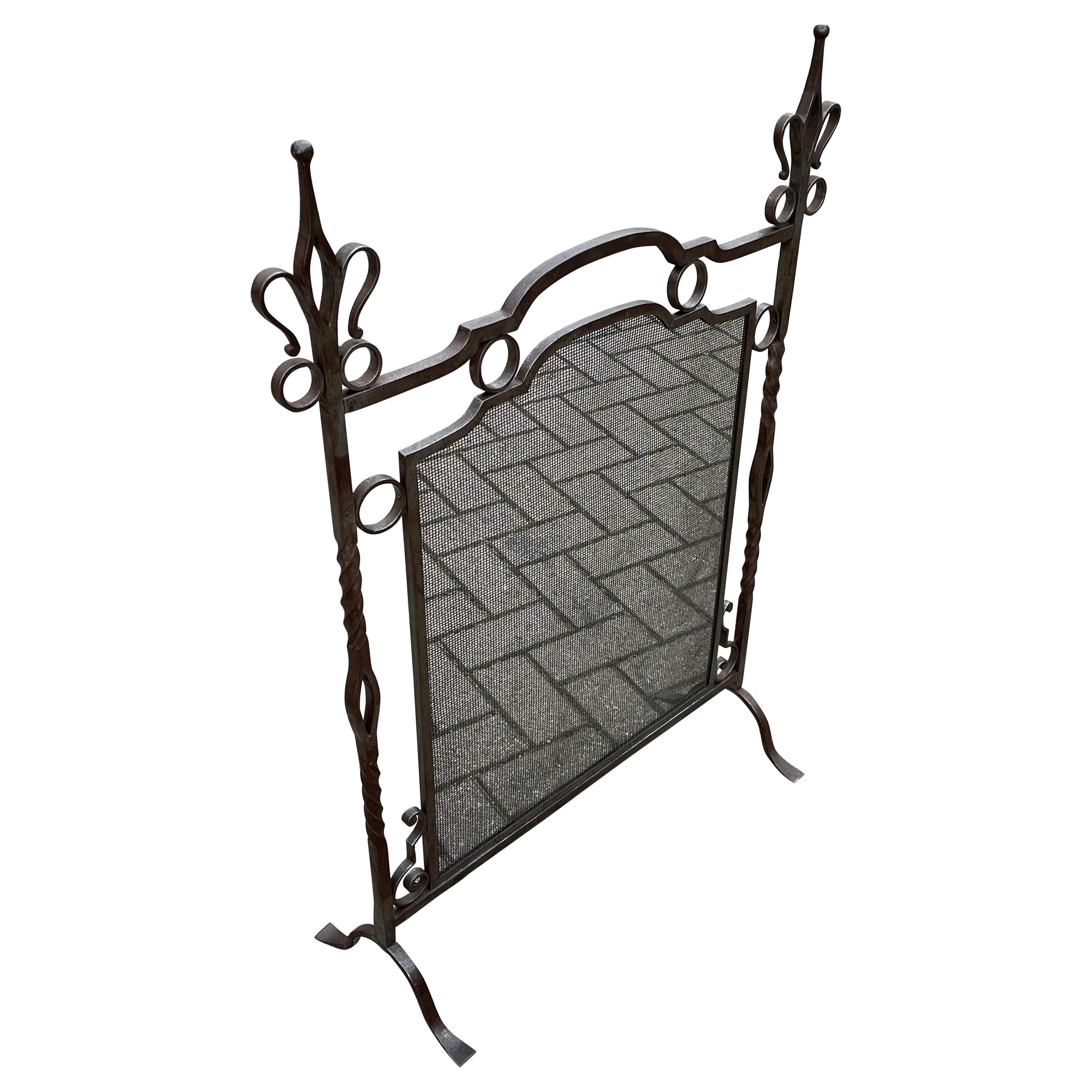 Antique Hand Forged Arts and Crafts Wrought Iron Firescreen w. Perfect Wire Mesh For Sale
