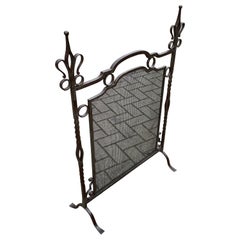 Antique Hand Forged Arts and Crafts Wrought Iron Firescreen w. Perfect Wire Mesh